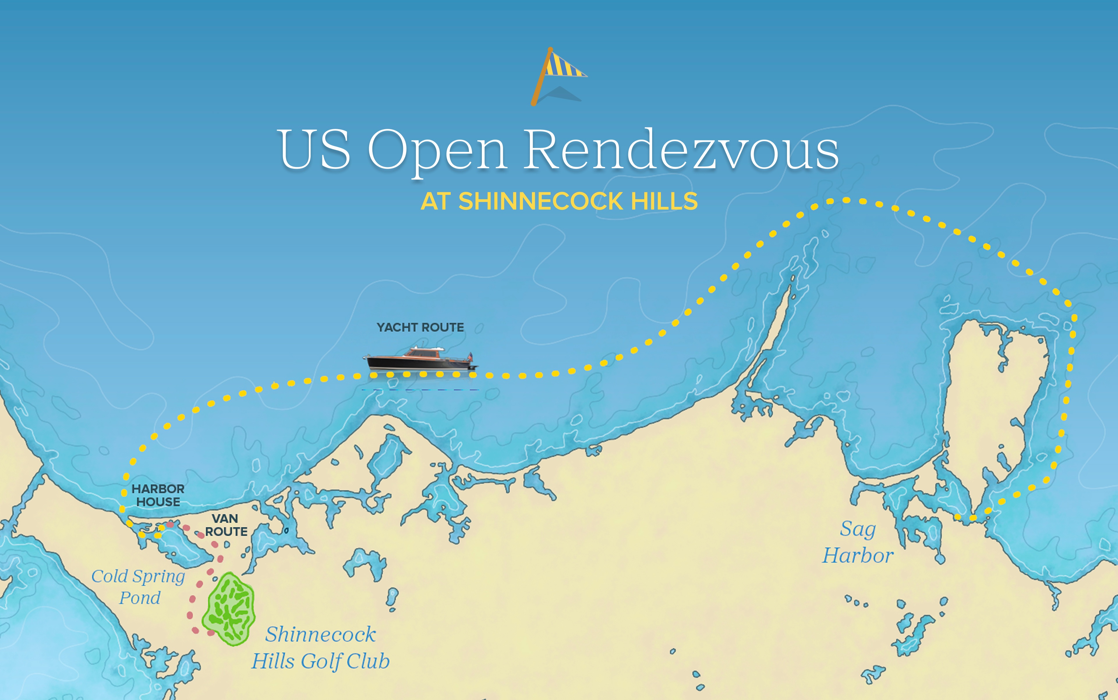 B&G at US Open Banner. Shows Daychaser icon with plotted route from Sag Harbor to the Harbor House in Cold Spring Pond