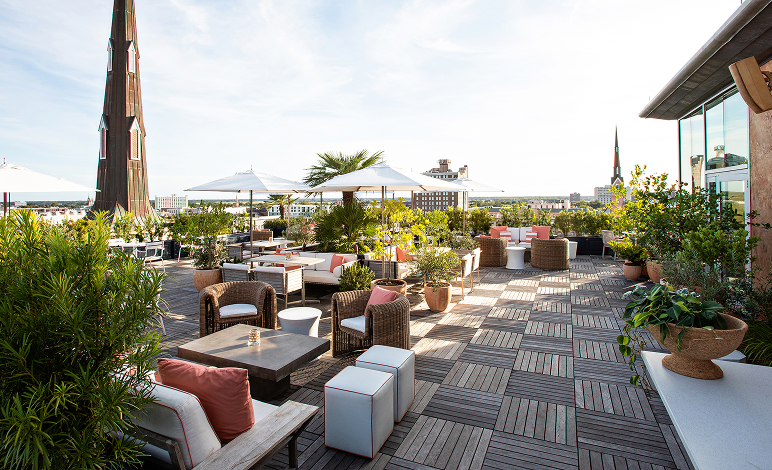 Rooftop bar and lounge with panoramic views of Charleston South Carolina skyline