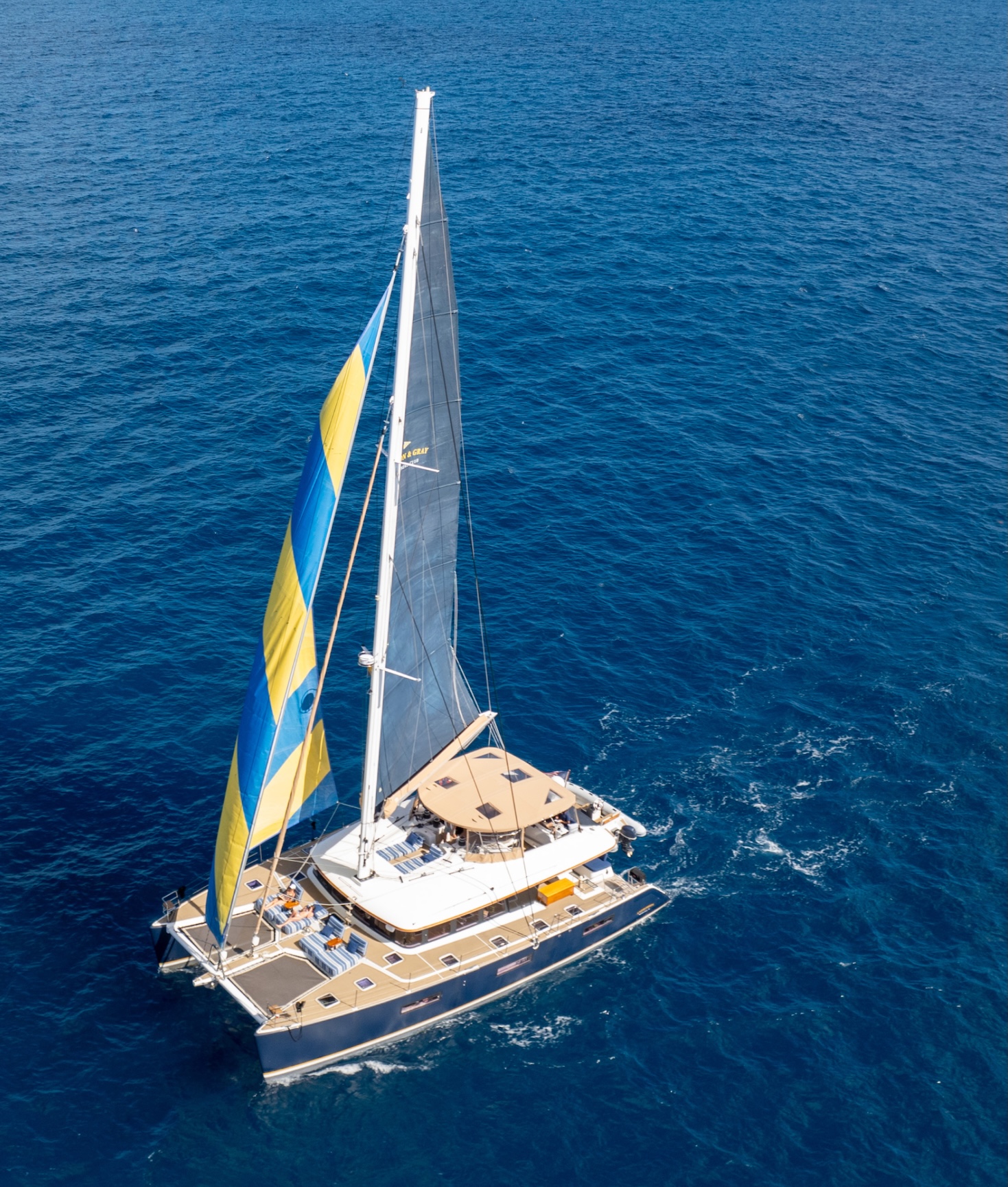 Overhead drone shot of Andromeda, B&G's Catamaran.