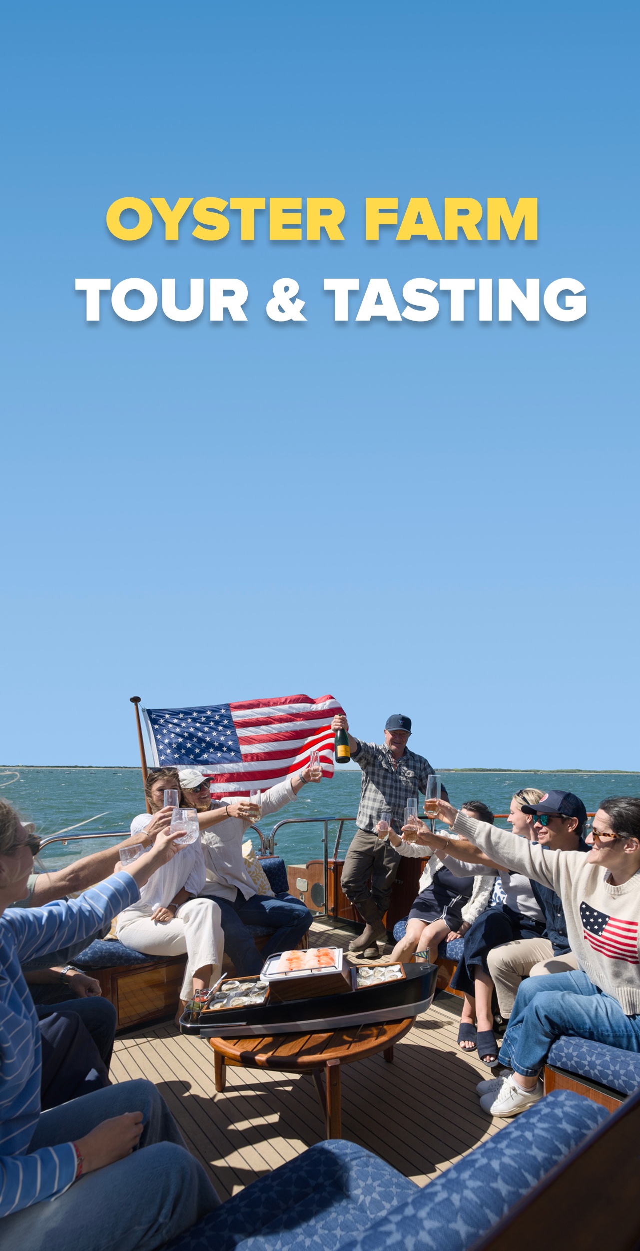 Guests toast with a glass of champagne over a plate of oysters aboard a Barton & Gray Daychaser 48' yacht