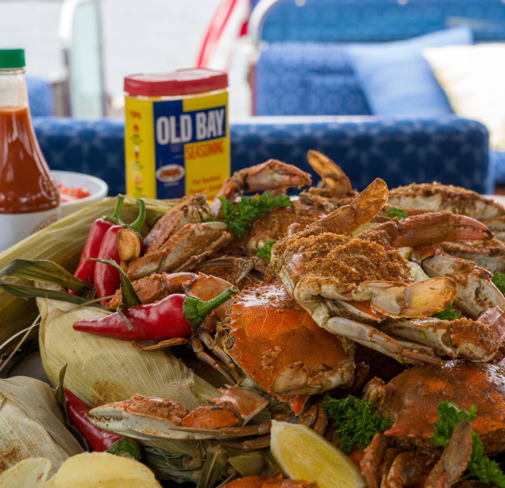 Platter of Crabs with Corn on the Cob and Old Bay Seasoning