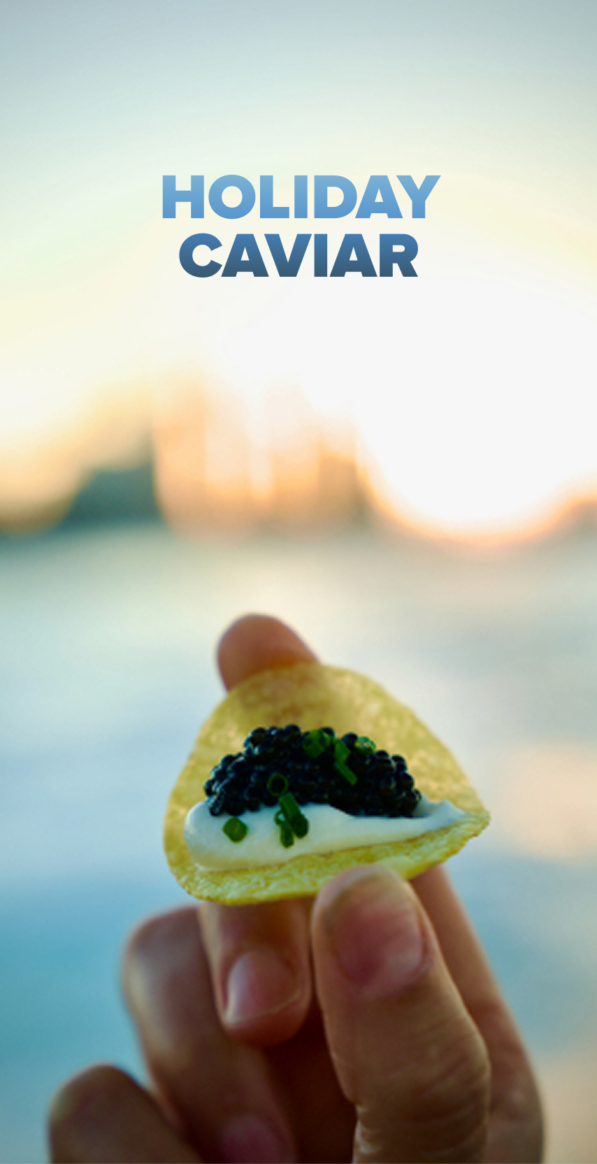 Crisp with caviar on top, with blurred miami skyline in the background