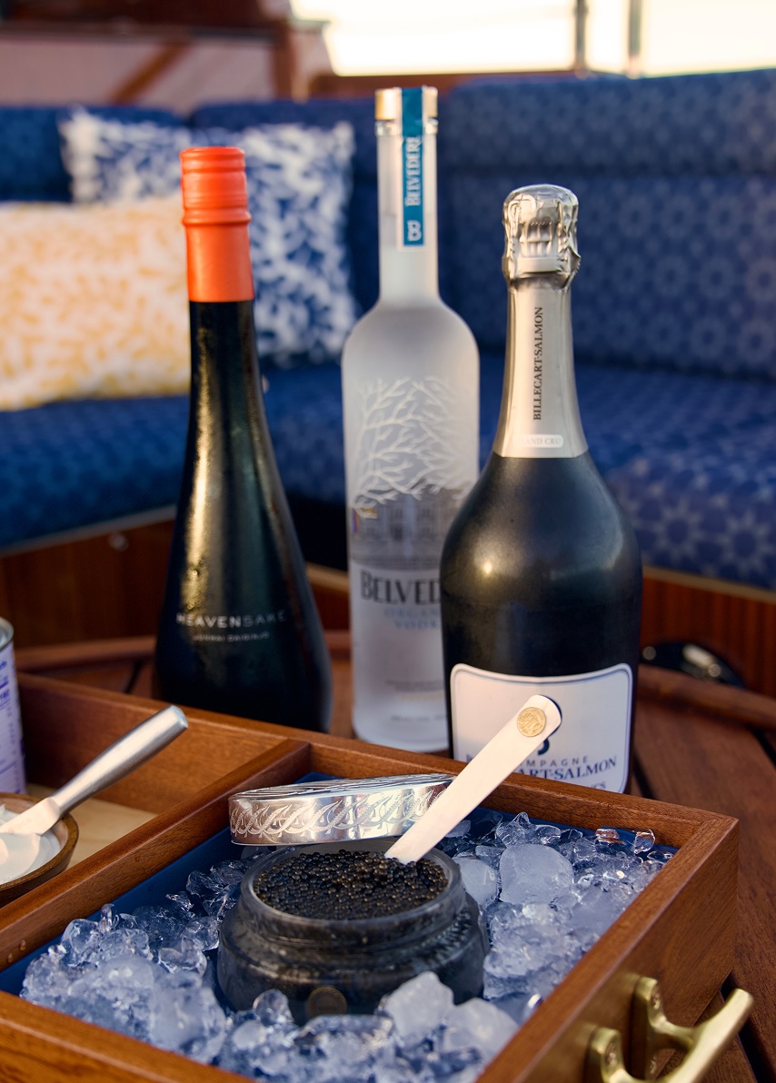 Liquor and wine in front of Caviar