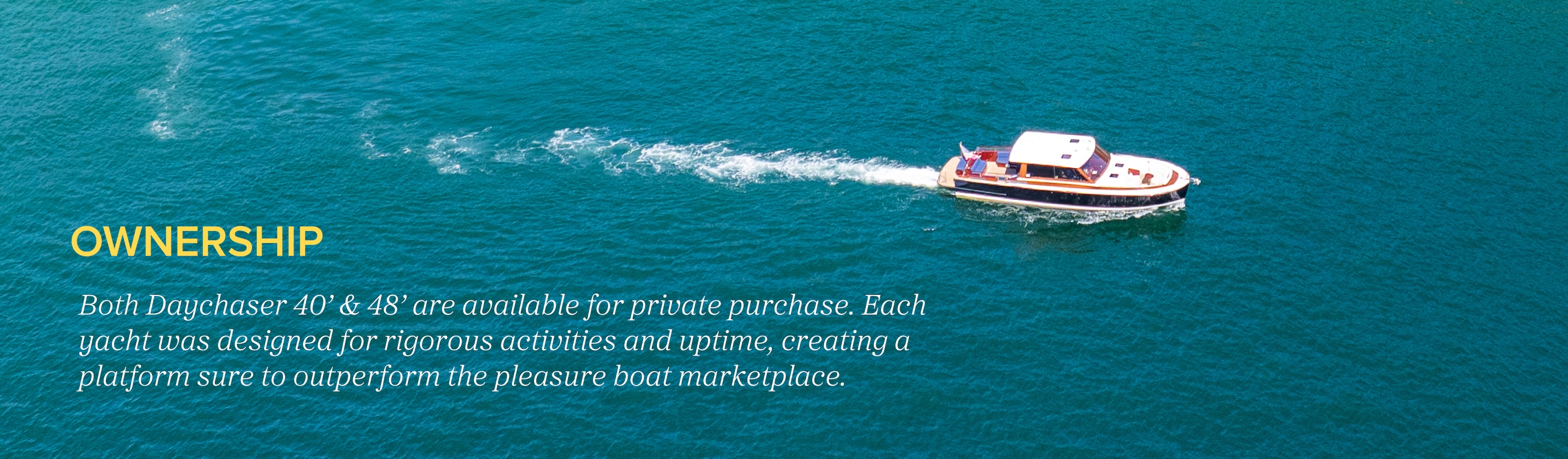 Aerial shot of a daychaser coasting on beautiful aqua waters with a tight wake being left behind.